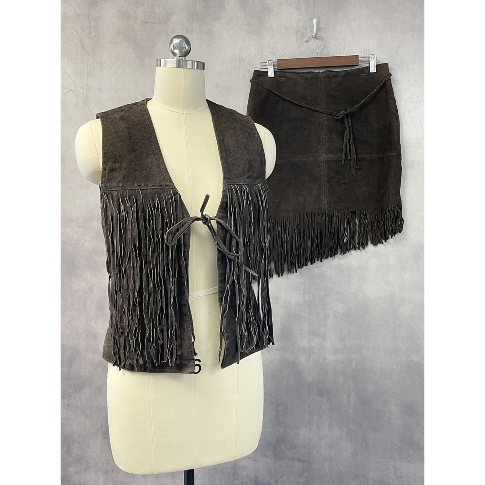 VTG Rampage Fringe Suede Set Vest M Skirt 11 Brown Western Boho Indie Festival